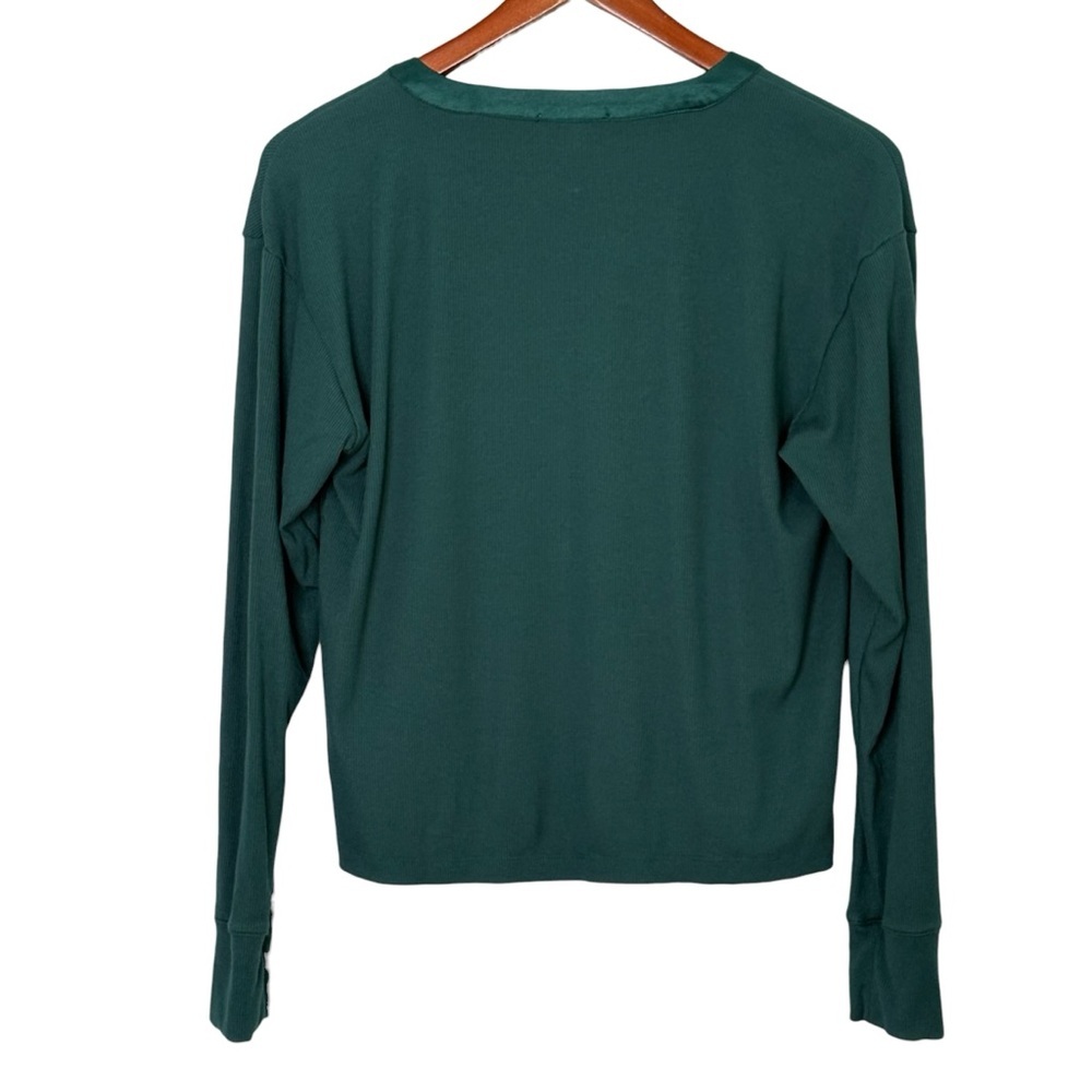 Evereve Bex Split Neck Top Size S Satin Trim Soft Rib Knit Green Modal Blend - Picture 9 of 13